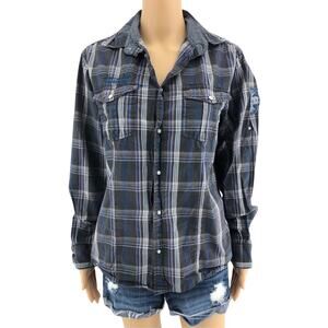 Springfield LARGE Gray Plaid Certified Smart Pearl Snap Boyfriend Shirt